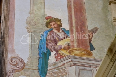 Allegoric frescos on the walls of interior courtyard of Peles ca