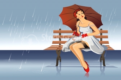 Girl with umbrella sitting on bench 