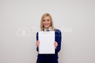 Happy girl with white clipboard