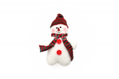 Happy snowman in knitted scarf and claus cup, isolated on white background
