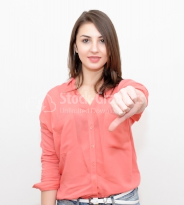 Modern business woman showing thumbs down