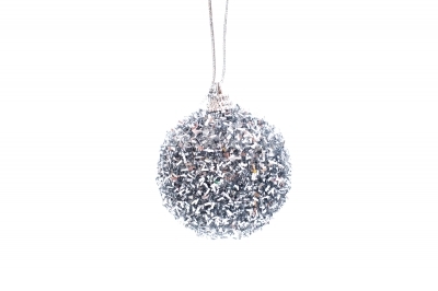 Silver Christmas Baubles with white dots on a white background