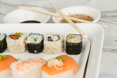 Sushi on white dish