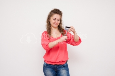 Woman Free From Debt Attractive  Cutting Up Her Credit Card