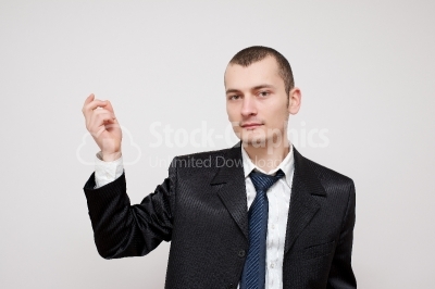 Young businessman with hand raised up
