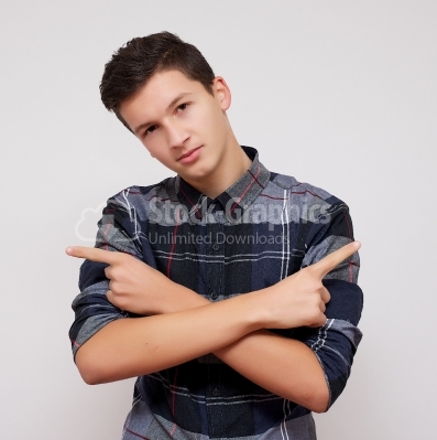 Young shows something isolated on white background