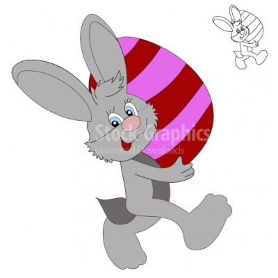 Illustration of happy Easter bunny carrying egg. 
