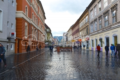 A view of one of the main streets in downtown Brasov. 