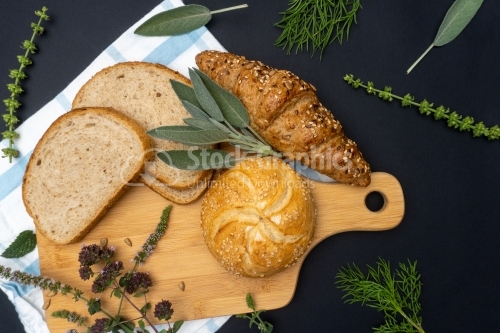 Bread on cutting board, top view