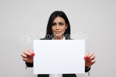 Business woman holding a banner - isolated over a white backgrou