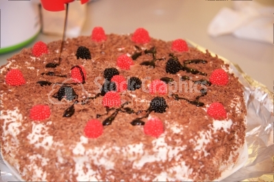 Cake with jelly sweets and chocholate topping