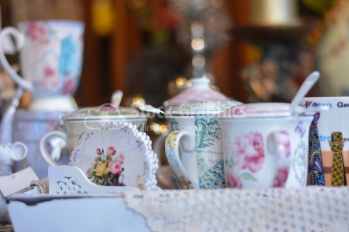 Close-up view of tea cups with a flowered patter. English tea cup.
