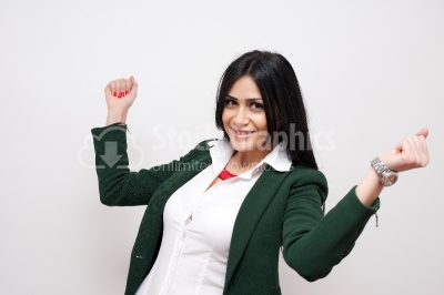 Excited happy woman with fists up