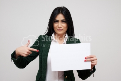 Happy smiling young business woman showing blank signboard, isol