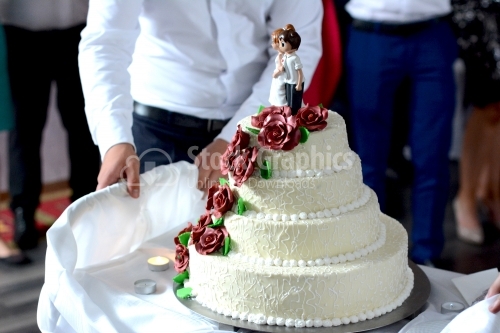 Ivory-colored wedding cake, garnet roses and groom and bride mini figurines