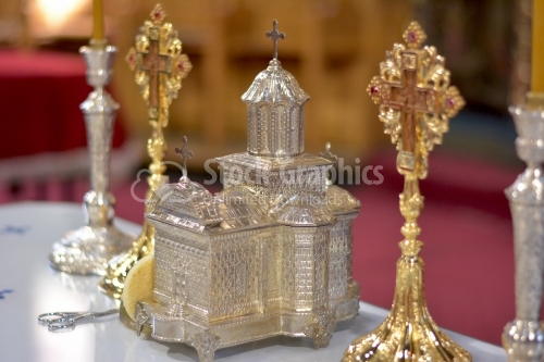 Orthodox church. Baptizing accessories details