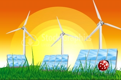 Panels with solar cells and wind generators on a green field wit
