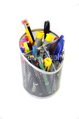 Pens collection and office tools isolated on white