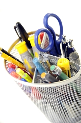 Pens collection and office tools isolated on white