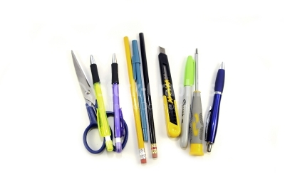 Pens collection and office tools isolated on white