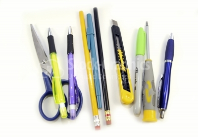 Pens collection and office tools isolated on white