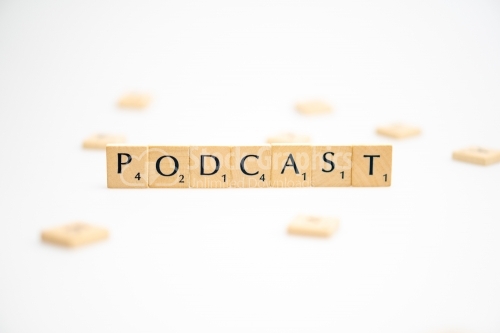 PODCAST word written on white background. PODCAST text on white