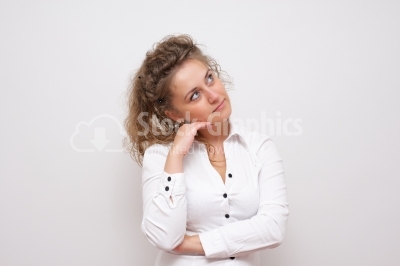 Portrait pretty elegant thoughtful young woman girl curly hair t