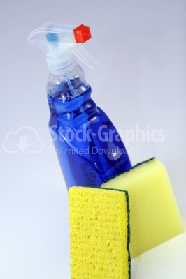Set of cleaning products. Spray Cleaner  and sponge on white bac