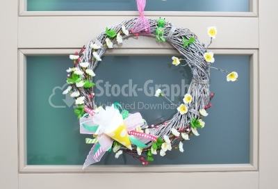 Spring wreath hanging on the door