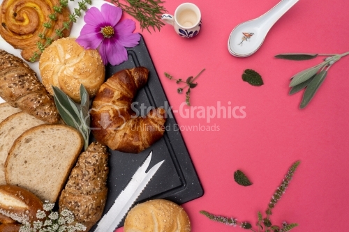 Various types of bread on a red background
