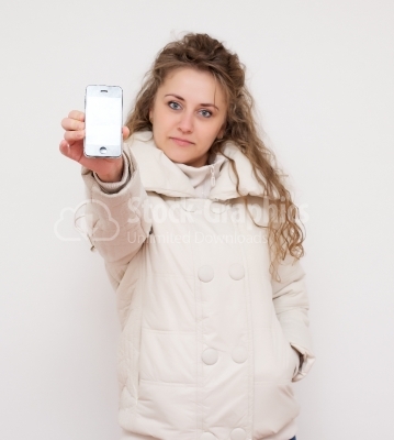 Woman show  smartphone on a white background
