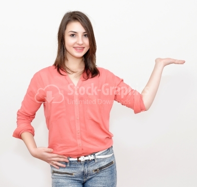 Woman showing something stock photo