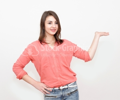Woman showing something stock photo