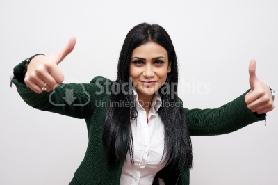 Woman showing thumb up symbol by two hands