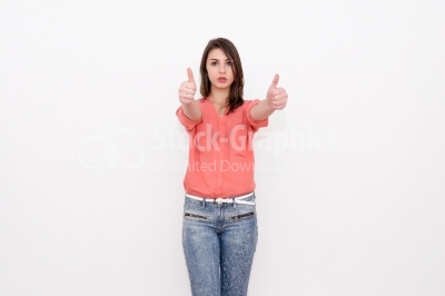 Woman with thumbs up gesture