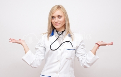 Young blonde doctor showing something 