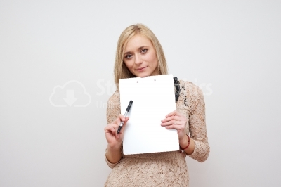 Young businesswoman showing signboard, isolated on white