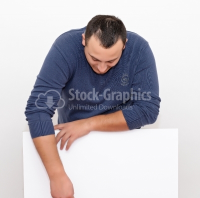 Young man with blank board isolated on white