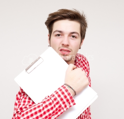 Young man with red shirt and blank board isolated on white