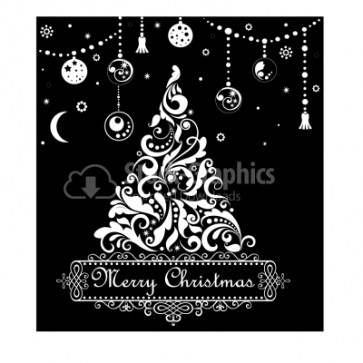 Christmas tree with swirls and floral elements - Illustration
