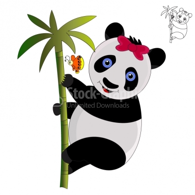 Cute panda cartoon climbing bamboo tree - Illustration